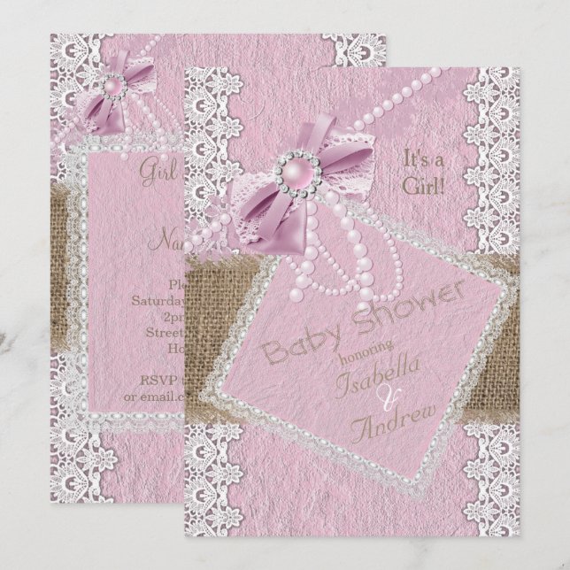 Girl Baby Dusche Rustikale Pink Bow Pearl Lace Bur Einladung (Vorne/Hinten)