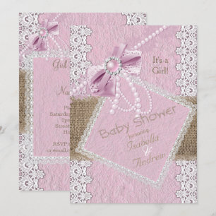 Girl Baby Dusche Rustikale Pink Bow Pearl Lace Bur Einladung