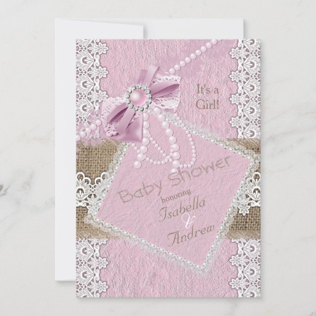 Girl Baby Dusche Rustikaler Pink Bow Lace Burlap 2 Einladung (Vorderseite)