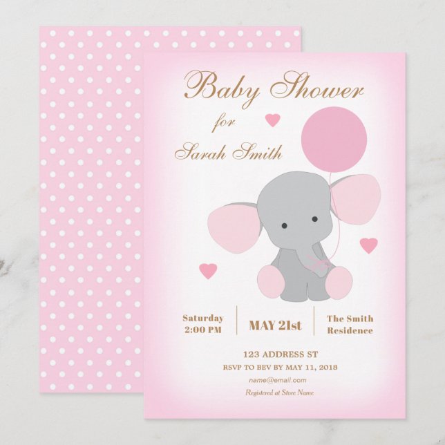 Girl Baby Dusche Sprinkle Einladung Elephant Pink (Vorne/Hinten)