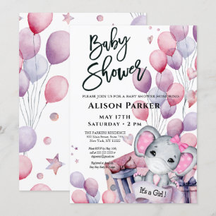 Girl Baby Elephant Pink Balloons Niedlich Babydusc Einladung