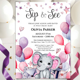 Girl Baby Elephant Pink Balloons SIP UND SEHEN Einladung