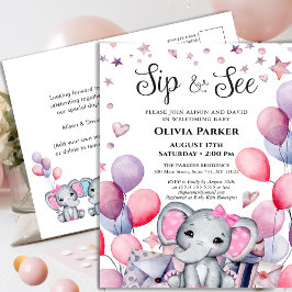 Girl Baby Elephant Pink Balloons SIP UND SEHEN Einladungspostkarte