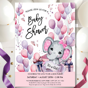 Girl Baby Elephant Pink Balloons Stars Baby Dusche Einladung