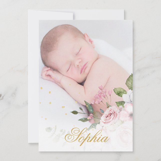 Girl Baby Foto Hebrew Namemony Zeremony Floral Einladung (Rückseite)