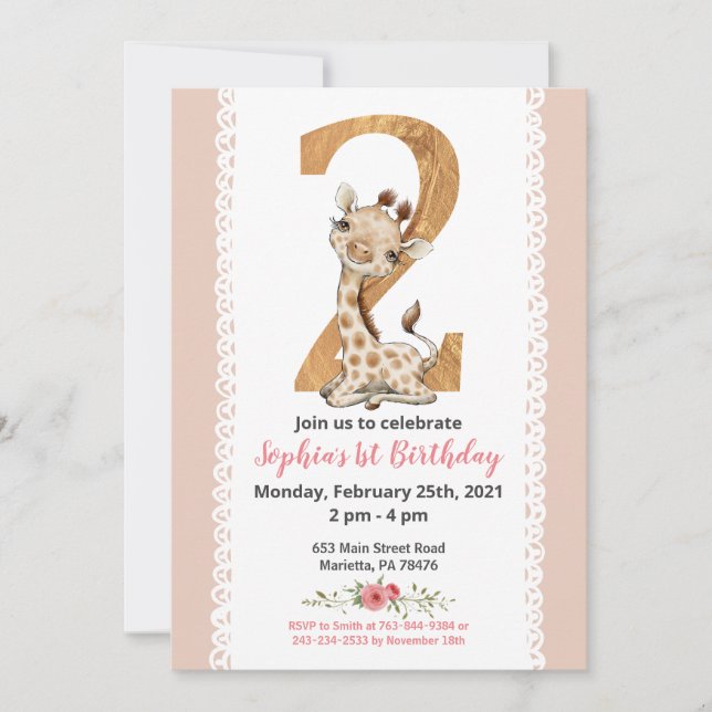 Girl Baby Giraffe 2e Invitation anniversaire (Devant)