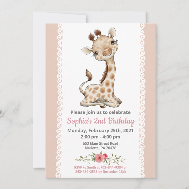 Girl Baby Giraffe Invitation fête d'anniversaire (Devant)