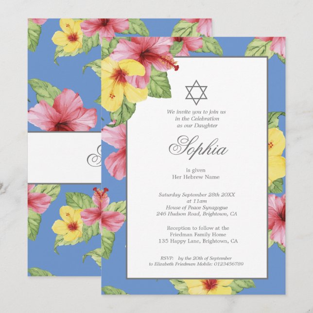 Girl Baby Naming Blue Hebrew Floral Blue Einladung (Vorne/Hinten)