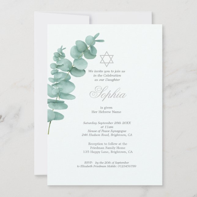 Girl Baby Naming Eucalyptus Hebrew Greenery Einladung (Vorderseite)