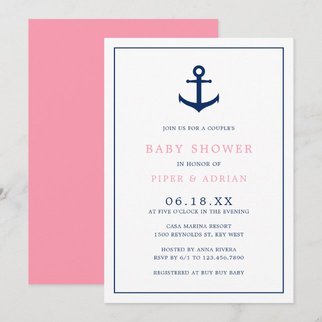 Girl Baby Nautical Pink Blue Anchor Couples Dusche Einladung (Vorne/Hinten)