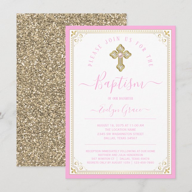 Girl Baby Pink Light Gold Elegante Taufe Einladung (Vorne/Hinten)