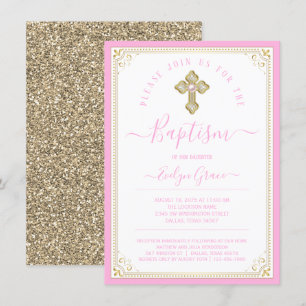 Girl Baby Pink Light Gold Elegante Taufe Einladung