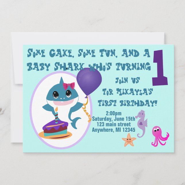 Girl Baby Shark Birthday Einladung (Vorderseite)