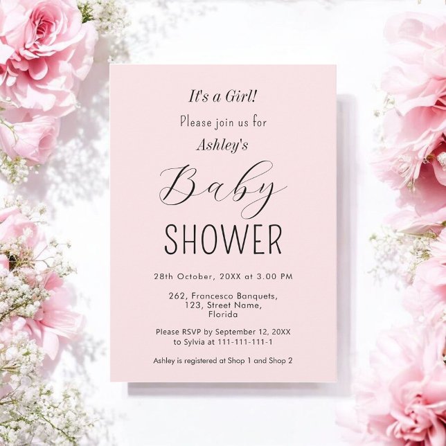 Girl Baby Shower Blush Pink Elegante Einladung (Von Creator hochgeladen)