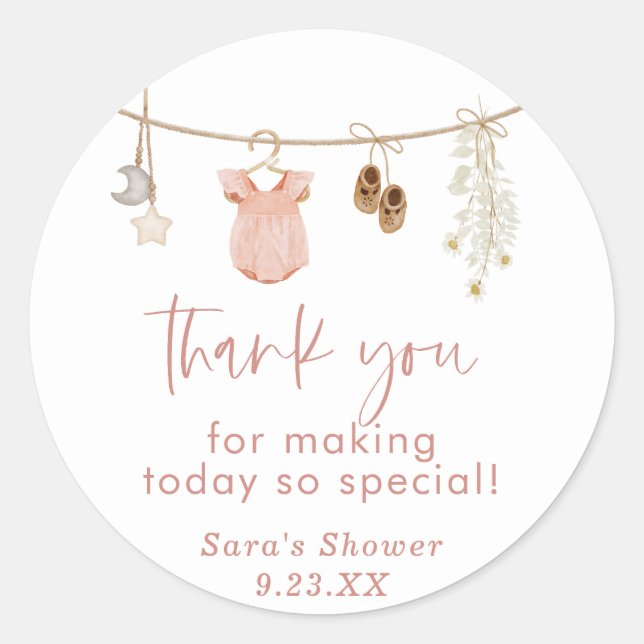 Girl Baby Shower | Boho Blush Pink Gefälligkeitskl Runder Aufkleber (Vorderseite)