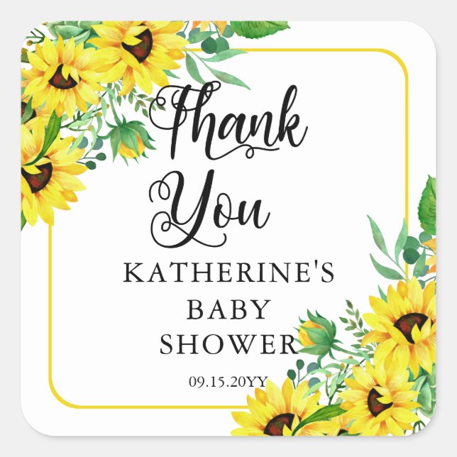 Girl Baby Shower Boho Sunflowers Danke Quadratischer Aufkleber (Vorderseite)