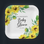 Girl Baby Shower Boho Sunflowers | Eukalyptus Pap Pappteller<br><div class="desc">Klassische und stilvolle, moderne Sonnenblumen und Eukalyptus und andere grüne Designerin "Baby Shower" auf einem essbaren weißen Hintergrund.</div>