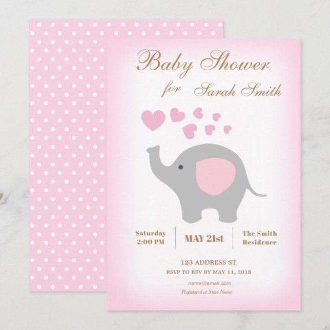 Girl Baby Shower Einladung Elephant Pink Hearts (Vorne/Hinten)
