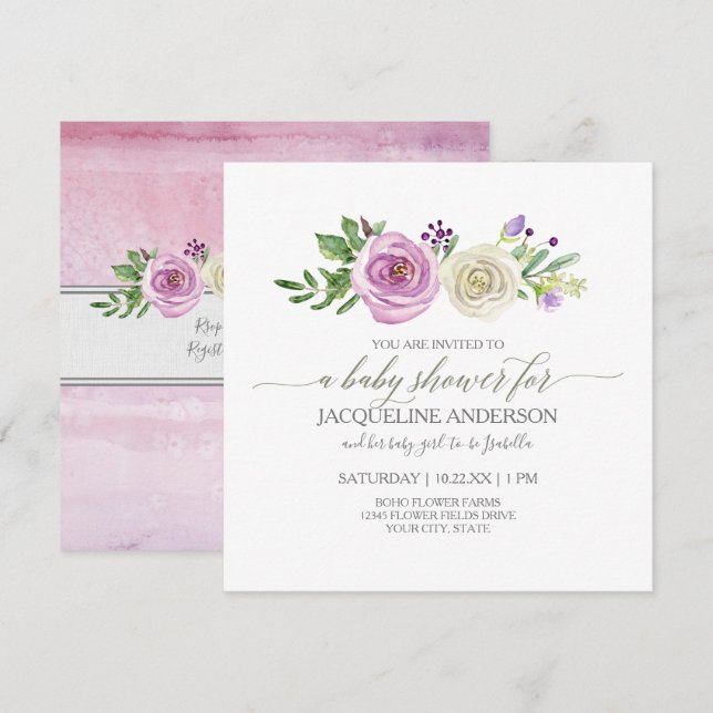 Girl Baby Shower Lilac n White Roses Leaf Foliage Einladung (Vorne/Hinten)