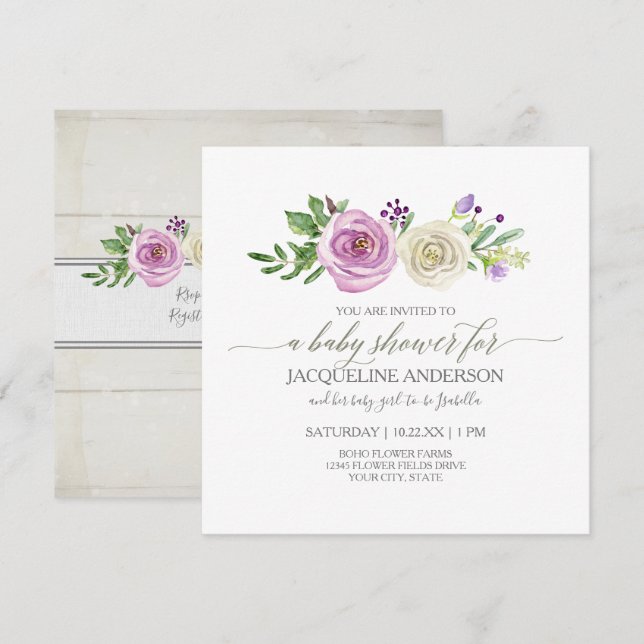 Girl Baby Shower Lilac n White Roses Rustic Wood Einladung (Vorne/Hinten)