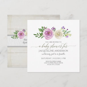 Girl Baby Shower Lilac n White Roses Rustic Wood Einladung