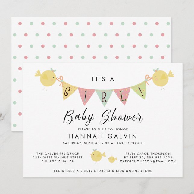 Girl Baby Shower | Mommy Bird mit Chick Einladung (Vorne/Hinten)