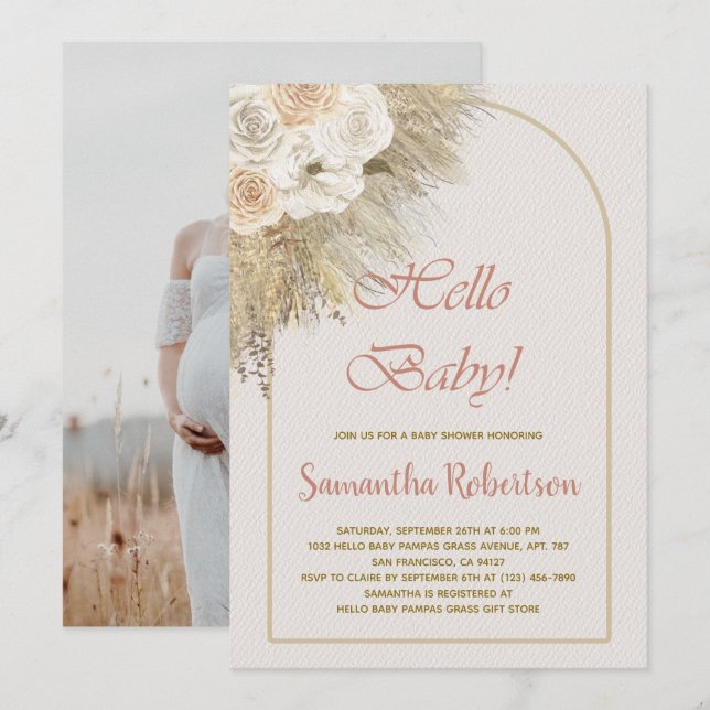 Girl Baby Shower Pampas Grass Boho Floral Foto Einladung (Vorne/Hinten)