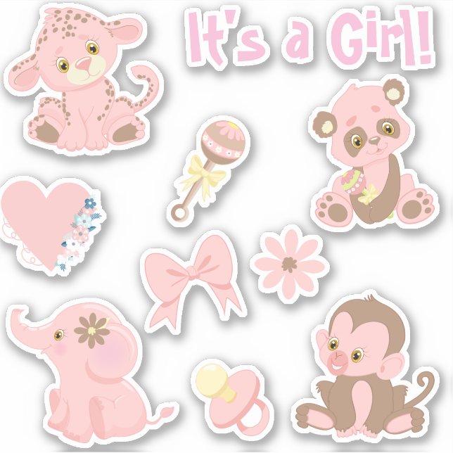 Girl Baby Shower Pink Animals Set Aufkleber (Vorderseite)