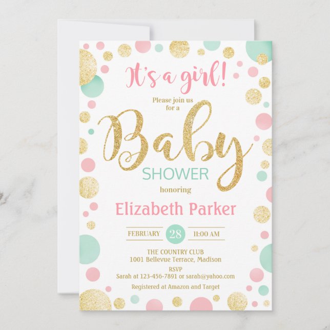 Girl Baby Shower - Pink Gold Mint Green Dots Einladung (Vorderseite)