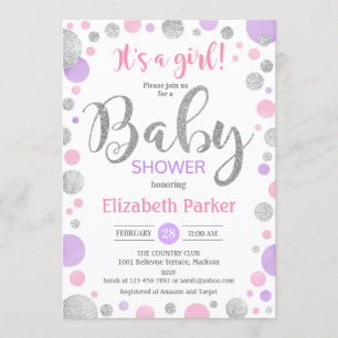 Girl Baby Shower - Pink Lila Silberpunkte Einladung