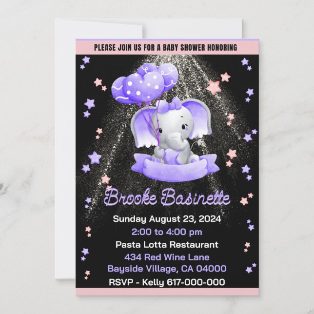 Girl Baby Shower Pink Lila Silver Baby Elephant Einladung (Vorderseite)