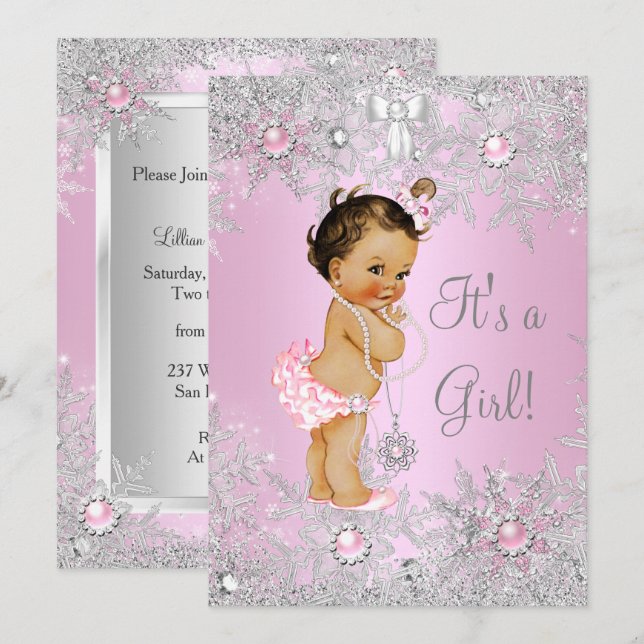 Girl Baby Shower Pink Winter WonderLand Brünett Einladung (Vorne/Hinten)