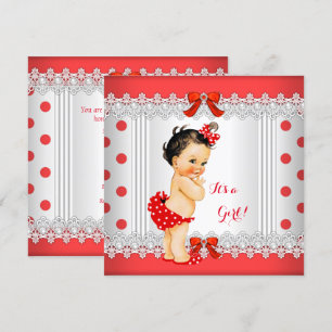 Girl Baby Shower Red White Polka Dots Brünett Einladung
