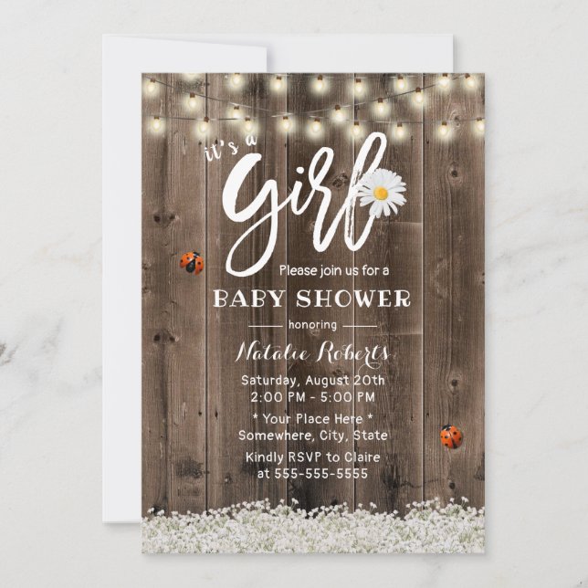 Girl Baby Shower Rustic Daisy Gipskraut Blume Einladung (Vorderseite)