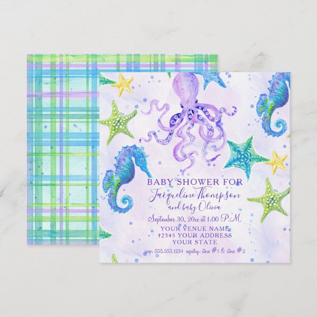 Girl Baby Showstrand Starfish Octopus Seepferd Einladung (Vorne/Hinten)