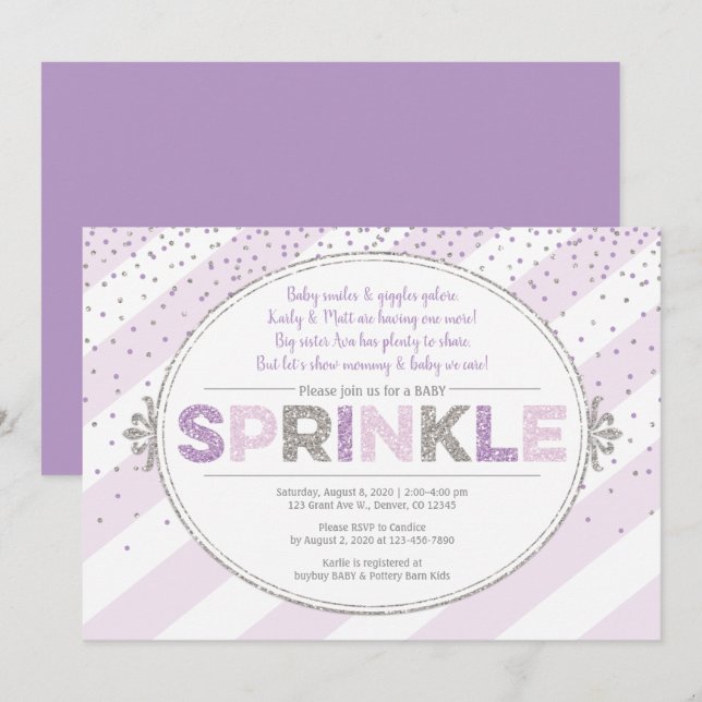 Girl-Baby-Sprinkle laden lila Silber-Glitzer ein Einladung (Vorne/Hinten)