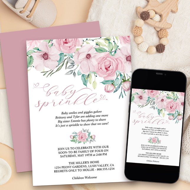 Girl Baby Sprinkle Watercolor Blumenpeony Bouquet Einladung (Pink Floral Baby Sprinkle invitation - message me to create additional templates
)