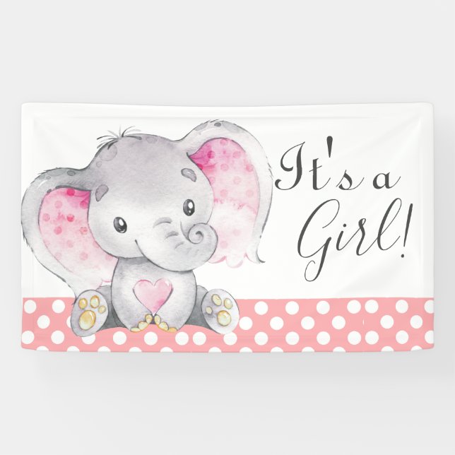 Girl Babydusche Rosa Elefant Niedliche Wasserfarbe Banner (Horizontal)