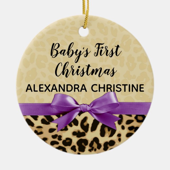 Girl Babys Erste Weihnachtsleopard Print Lila Keramik Ornament (Vorne)