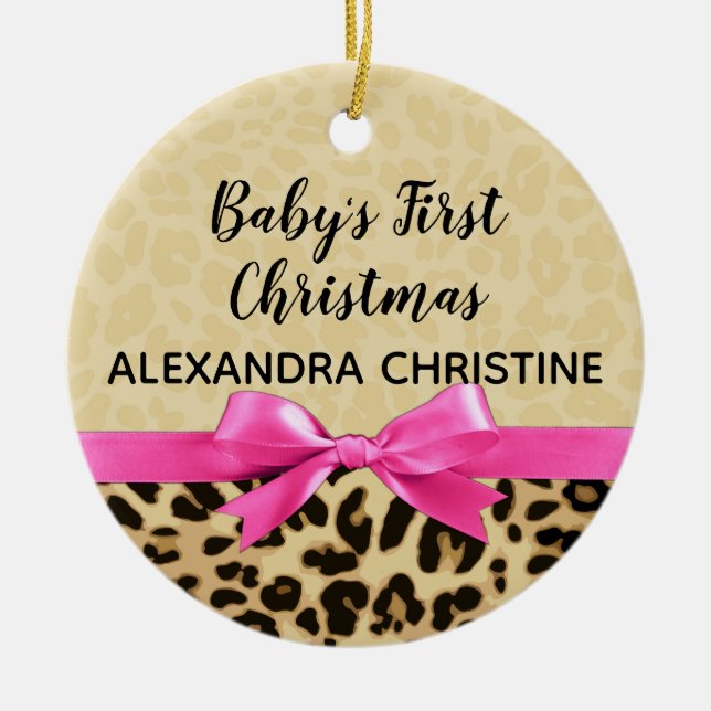 Girl Babys Erster Weihnachtsleopard Pink Bow Jahr Keramik Ornament (Vorne)