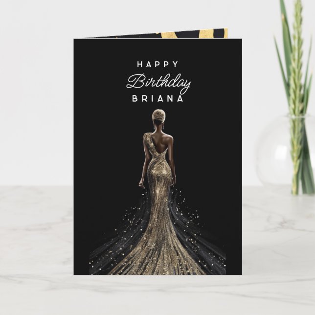 Girl back glitzerndes goldenes Abend Kleid Geburts Karte (Vorderseite)