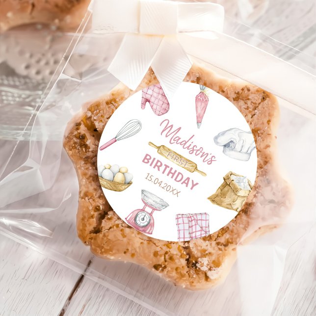Girl Baking Cooking 1. Geburtstag Party Runder Aufkleber (Von Creator hochgeladen)