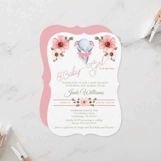 Girl Ballerina Elephant Kinderdusche Einladung (Vorderseite/Rückseite Beispiel)