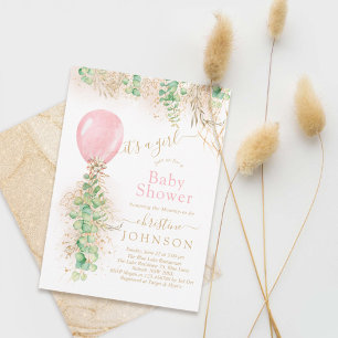 Girl Balloon Eucalyptus Gold Glitzer Baby Showroom Einladung