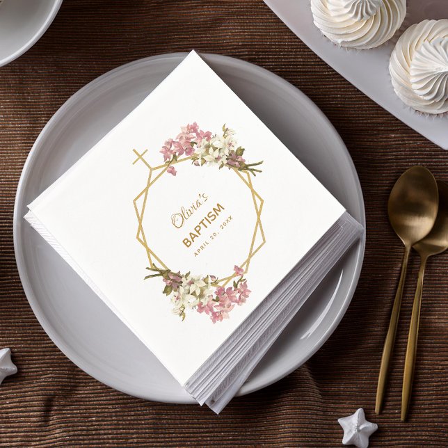 Girl Baptisc floral Orchids Gold Geometric Modern Serviette (Von Creator hochgeladen)