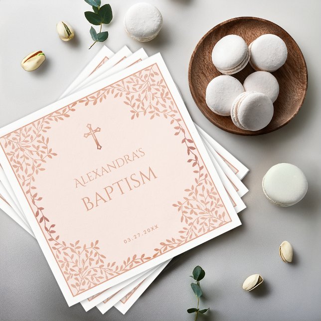 Girl Baptism Blush Pink Elegante Rose Gold Blätter Serviette (Von Creator hochgeladen)