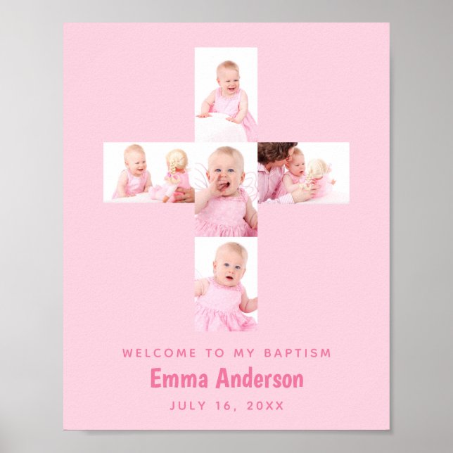  Girl Baptism Cross Photo Collage Pink Christening Poster (Vorne)