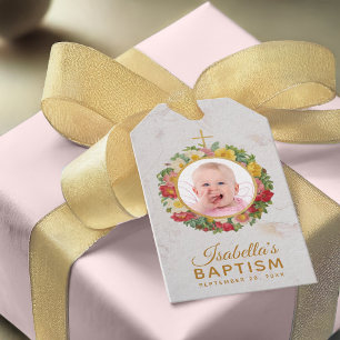 Girl Baptism Foto in Rose Kranz Blumenmarmor Geschenkanhänger