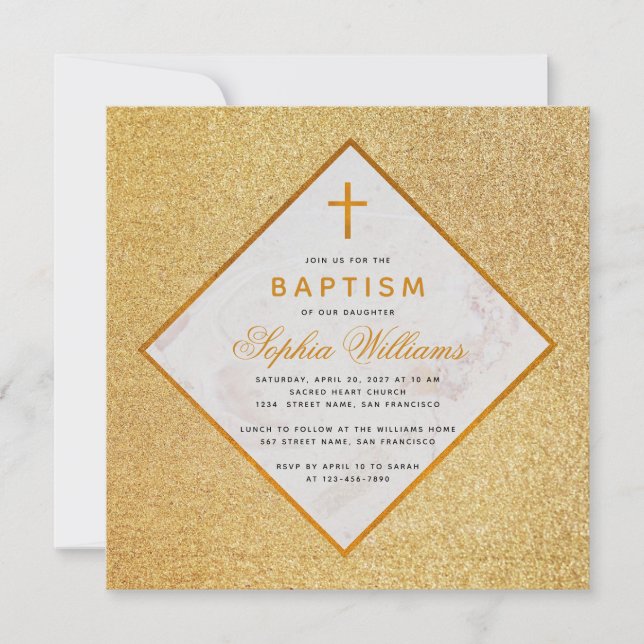 Girl Baptism Imitats Gold Glitzer Cross Weißer Mar Einladung (Vorderseite)