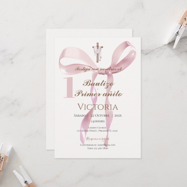 Girl Baptism Invitation in Spanish Boho Einladung (Vorderseite/Rückseite Beispiel)